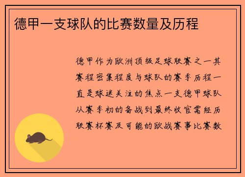 德甲一支球队的比赛数量及历程