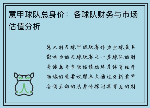意甲球队总身价：各球队财务与市场估值分析